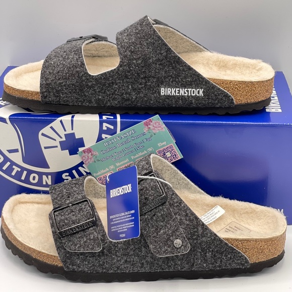 BIRKENSTOCK ARIZONA RIVET DOUBLE WOOL SANDALS GRAY NARROW FIT - Picture 8 of 9